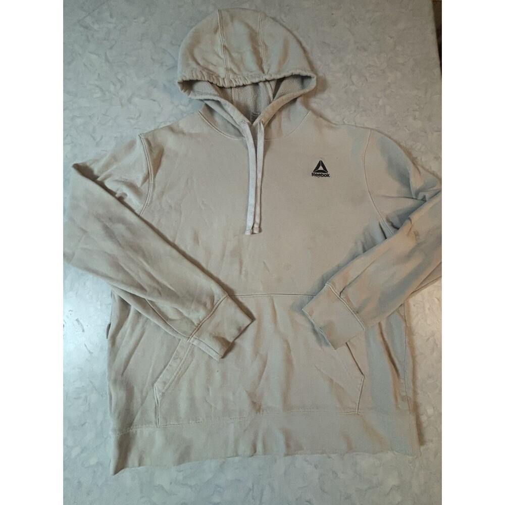 Reebok Mens Large Beige Hoodie Delta Logo Fleece Sweatshirt Light Staining